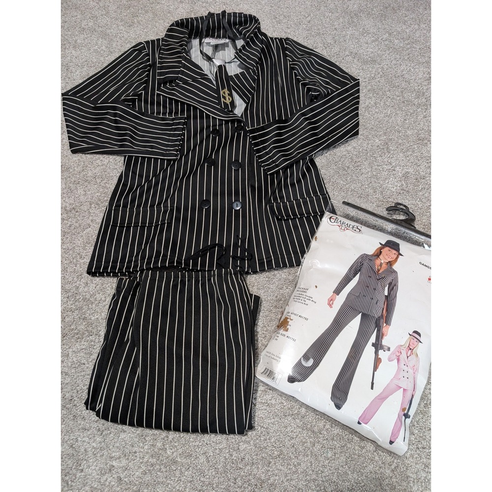 Charades Gangster Moll‎ Costume Womens L Black Pinstripe Suit 1920s Mobster Tie